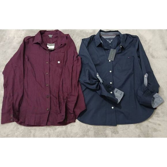 Eddie bauer womens small plaid shirt burgundy tommy Hilfiger Bundle Lot Of 2 - Picture 1 of 5
